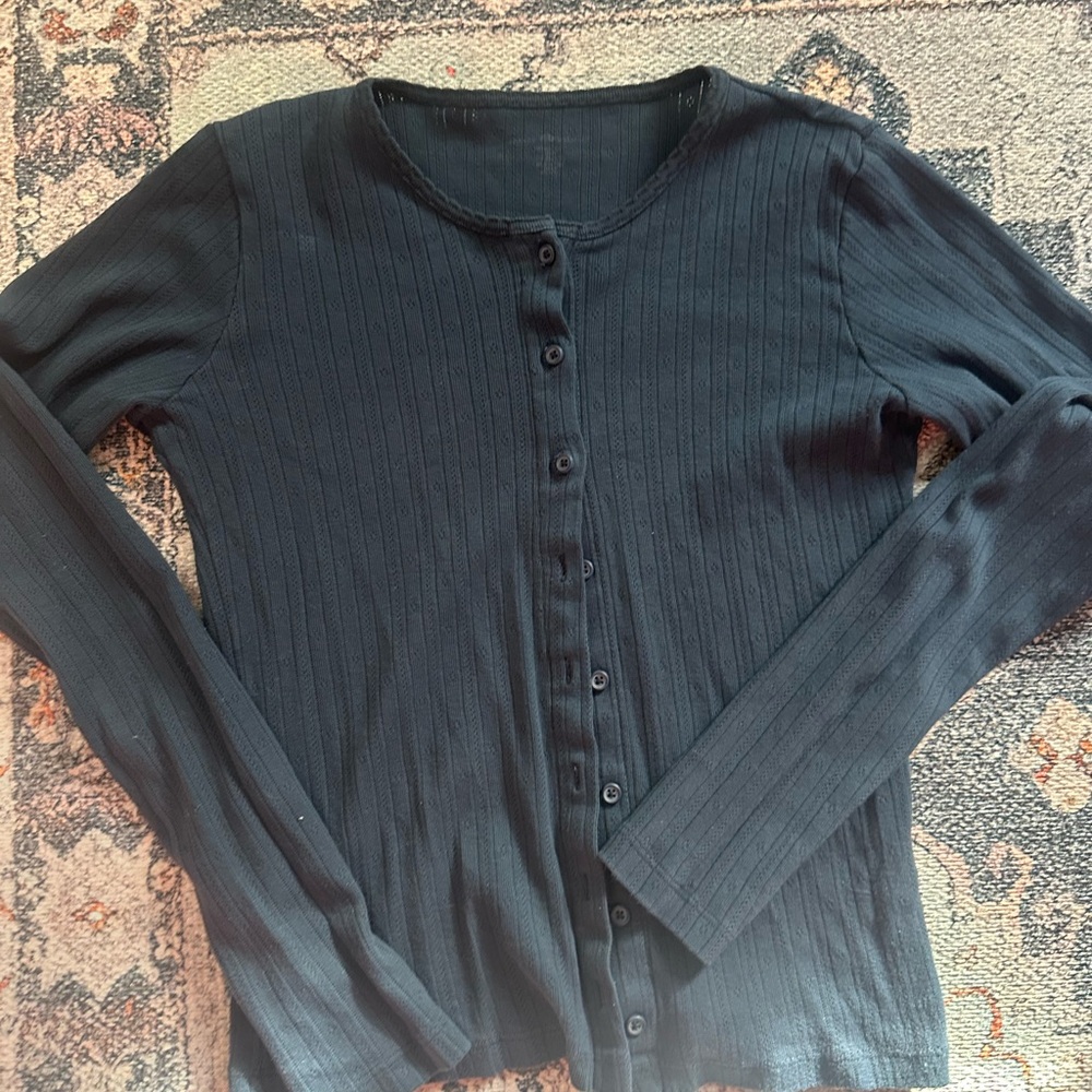 Brandy Melville Navy Ribbed Button-Up Top